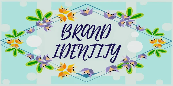 Didascalia del testo che presenta Brand Identity. Panoramica aziendale elementi visibili di un marchio che identificano e distinguono Cornice Decorata con Fiori Colorati e Fogliame Disposte Armoniosamente. — Foto Stock