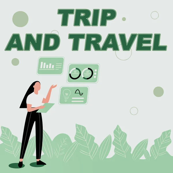 Handwriting text Trip And Travel. Business concept Journeys for vacation cheerful happy knowing new places Illustration Of Girl Sharing Ideas For Skill Discussing Work Strategies. — Stock Photo, Image