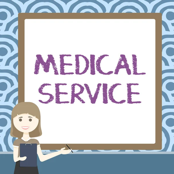 Hand writing sign Medical Service. Word for Doing medical support to treat illness and injuries Lady Drawing Standing Holding Clipboard Presenting New Ideas To Team — Stock Photo, Image