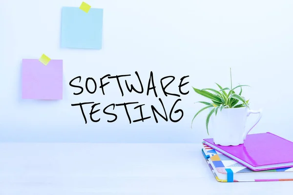 Text showing inspiration Software Testing. Internet Concept investigation provide information about the quality of it Tidy Workspace Setup, Writing Desk Tools Equipment, Smart Office — Stock Photo, Image