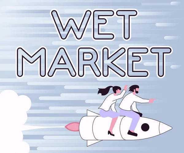 Exhibición conceptual Mercado húmedo. Foto conceptual Ilustración del mercado húmedo de socios felices que viajan en cohete explorando el mundo. — Foto de Stock