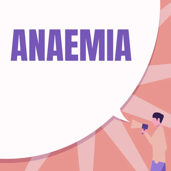 Inspiration showing sign Anaemia. Business showcase a condition marked by a deficiency of hemoglobin in the blood Man Drawing Hand In Pocket Holding Megaphone With Large Speech Bubble. — Stock Photo, Image