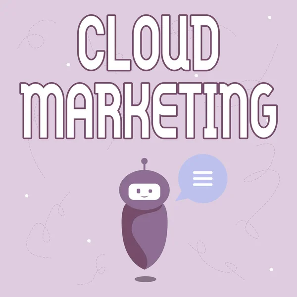 Концептуальний підпис Cloud Marketing. Бізнес-ідея Процес організації з продажу своїх послуг Cute Floating Robot Telling Us New Wonderful Information In A Chat Cloud. — стокове фото