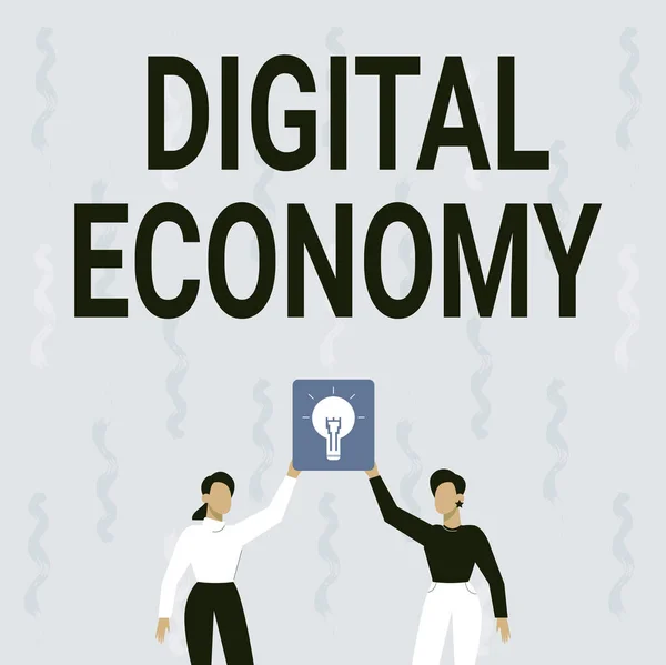 Handschriftliches Zeichen Digitale Wirtschaft. Konzeptfoto weltweites Netzwerk wirtschaftlicher Aktivitäten und Technologien Zwei Kollegen, die Lampe halten und neue Errungenschaften präsentieren. — Stockfoto