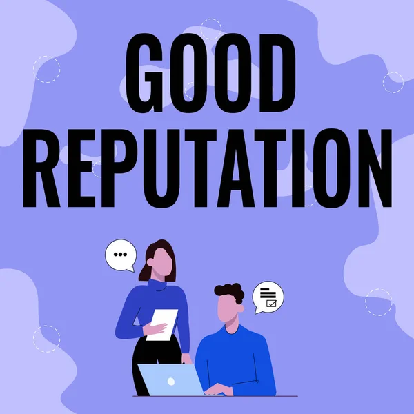 Text caption presenting Good Reputation. Business approach customer lays his or her trust and loyalty in the brand Partners Sharing New Ideas For Skill Improvement Work Strategies. — Stock Photo, Image