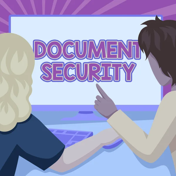 概念表示ドキュメントセキュリティ。重要な文書が提出され、または保存されている手段のための言葉デスクトップコンピュータを使用して図面彼らの仕事を達成するカップル. — ストック写真