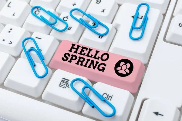 Υπογραφή εμφάνισης Hello Spring. Χαιρετισμός επιχειρηματικής ιδέας για τα φρέσκα φυτά και την ανθισμένη εποχή λουλουδιών Δακτυλογραφώντας κώδικες προγράμματος Firewall, κανόνες δακτυλογράφησης και κανονισμοί βιβλίο — Φωτογραφία Αρχείου