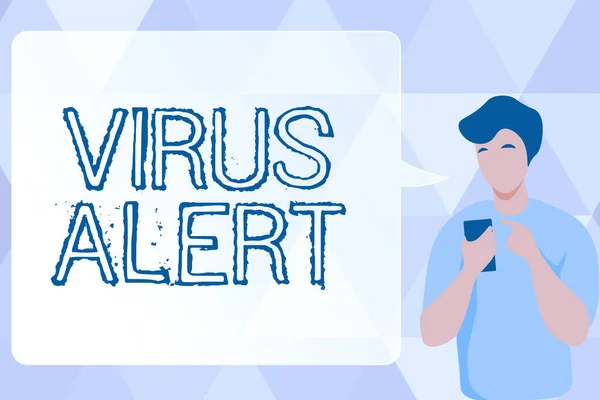 Σημάδι γραφής χέρι Virus Alert. Έννοια που σημαίνει Virus Alert Man Εικονογράφηση χρησιμοποιώντας το κινητό και Εμφάνιση ομιλίας Bubble Συνομιλία. — Φωτογραφία Αρχείου