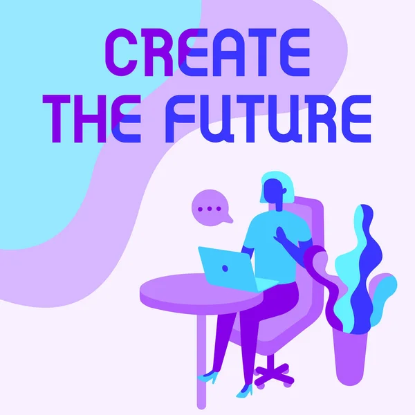 Kavramsal başlık Geleceği Yarat. İş dünyası, hayallerini gerçekleştirmek için çok çalışıyor. Oturan Kadın Ofis Masası 'nı Laptop' la Konuşma Baloncuğu Fabrikası 'nı kullanarak gerçekleştiriyor.. — Stok fotoğraf