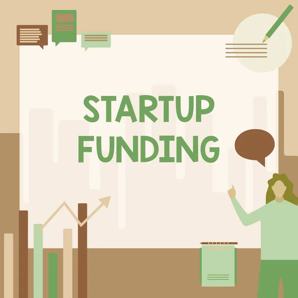 Handschrifttekst Start Up Funding. Concept betekent beginnen om geld te investeren in nieuw opgerichte bedrijf of campagne Zakenvrouw Casual Standing Presenteren van grafieken en nieuwe prachtige ideeën. — Stockfoto