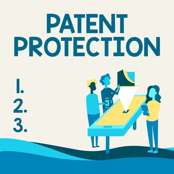 Text showing inspiration Patent Protection. Business approach provides a person or legal entity with exclusive rights Colleagues Drawing Standing Beside Table Projection Graph Chart.