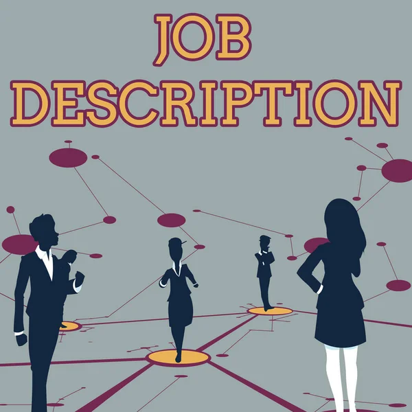 Segno di testo che mostra Job Description. Business showcase Un documento che descrive le responsabilità di una posizione Diversi membri del team in piedi Pensiero separato Linee collegate al piano. — Foto Stock