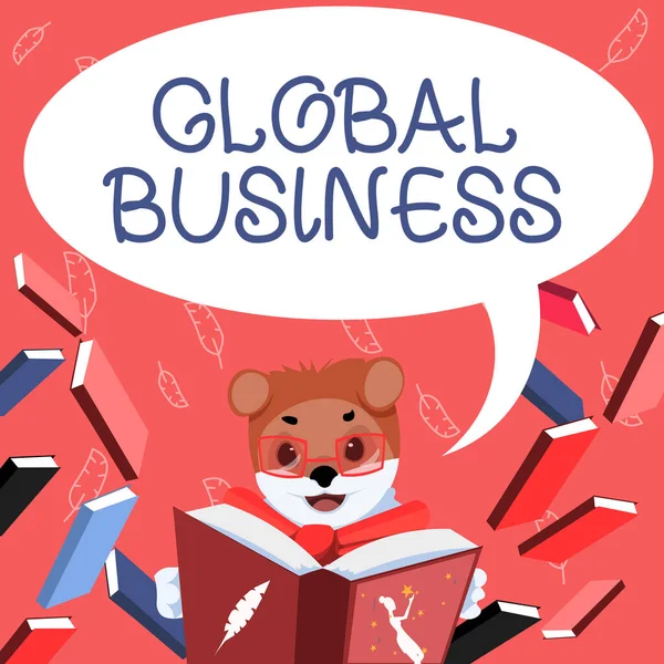 Handschriftliches Zeichen Global Business. Geschäftskonzept Handel und Geschäftssystem eines Unternehmens auf der ganzen Welt Fox Mit Brille in der Bibliothek sitzen und ein Buch lesen Studium. — Stockfoto
