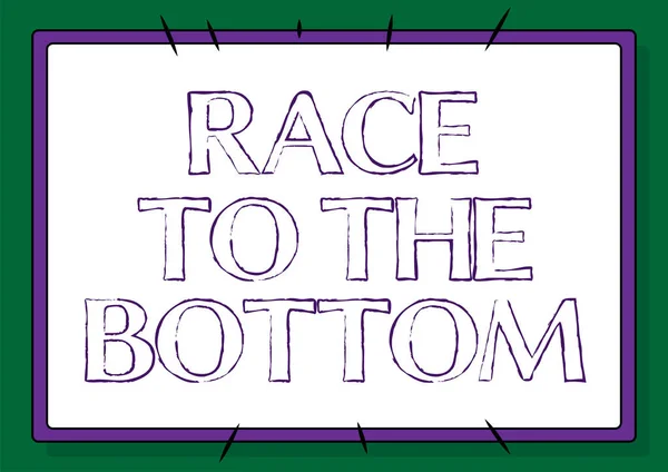 Konzeptionelle Bildunterschrift: Race to the Bottom. Business Schaufenster Wettbewerb der Unternehmen Opfer Qualitätsstandards Linie Illustrierte Hintergründe mit verschiedenen Formen und Farben. — Stockfoto