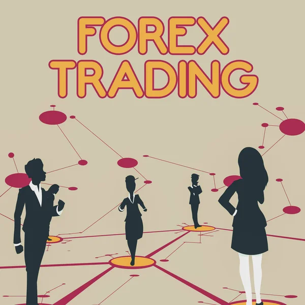 Conceptuele weergave Forex Trading. Business concept uitwisseling van valuta tussen twee of meer landen Verschillende teamleden staan apart te denken Verbonden lijnen op de vloer. — Stockfoto