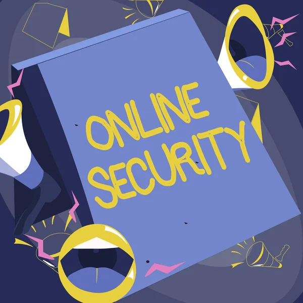 Handschrift teken Online Security. Conceptuele fotoregels om te beschermen tegen aanvallen via het internet Lips Megafoons Luid maken van nieuwe aankondiging aan het publiek. — Stockfoto
