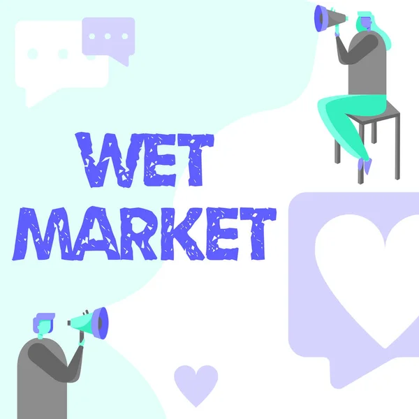 Leyenda conceptual Wet Market. Enfoque empresarial Hombre de mercado húmedo de pie y mujer sentado ambos sosteniendo el megáfono con el símbolo del mensaje. — Foto de Stock