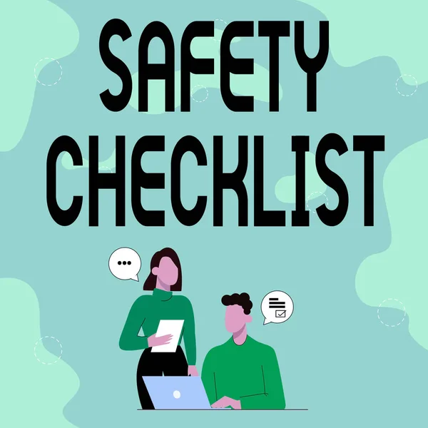 Conceptual caption Safety Checklist. Word Written on list of items you need to verify, check or inspect Partners Sharing New Ideas For Skill Improvement Work Strategies.