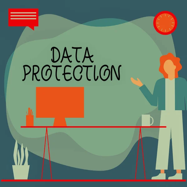 Visualización conceptual Protección de datos. Descripción general del negocio Proteja las direcciones IP y los datos personales del software dañino Woman Standing Office Usando el ordenador portátil con la burbuja del habla al lado del florero de la planta —  Fotos de Stock