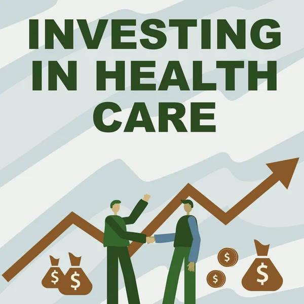 건강 관리에 대한 영감을 보여 주는 문자 메시지. 인터넷 컨셉은 의료 보험에 투자를 하는 두 사람 이 재정 적자로 돈 과 성장을 위해 손을 흔들고 있다. — 스톡 사진