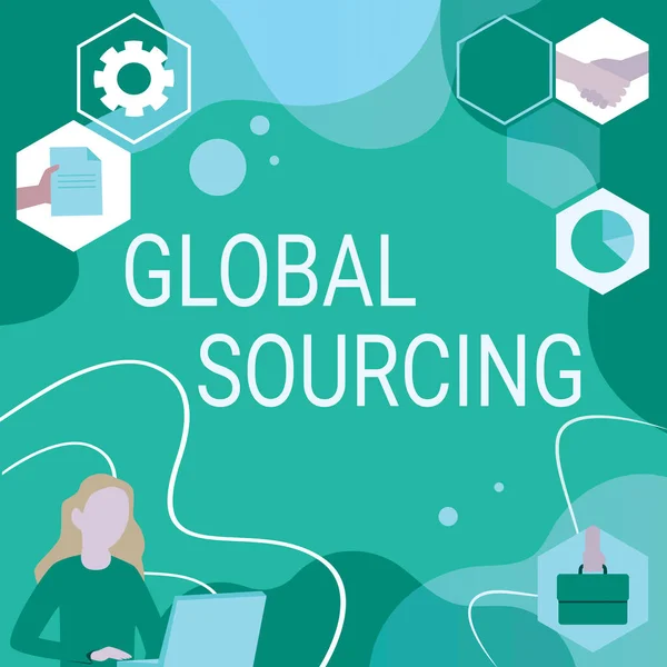 Legenda do texto apresentando Global Sourcing. Conceito significado prática de sourcing a partir do mercado global de bens Mulher Pensamento Inovador Ideias Líderes Para um Futuro Estável. — Fotografia de Stock