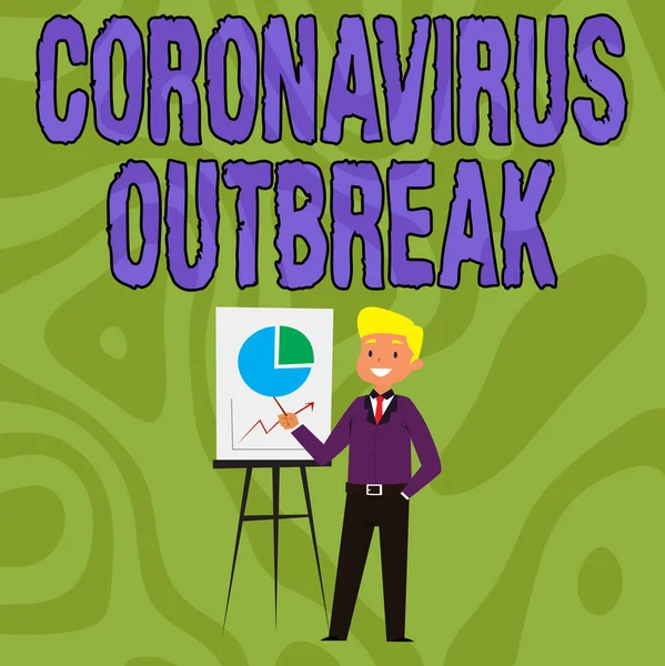 Inspiración mostrando signo Brote de Coronavirus. Palabra para las enfermedades infecciosas causadas por el recién descubierto COVID19 Empresario con Casual Standing Presentando Gráficos e Ideas. — Foto de Stock