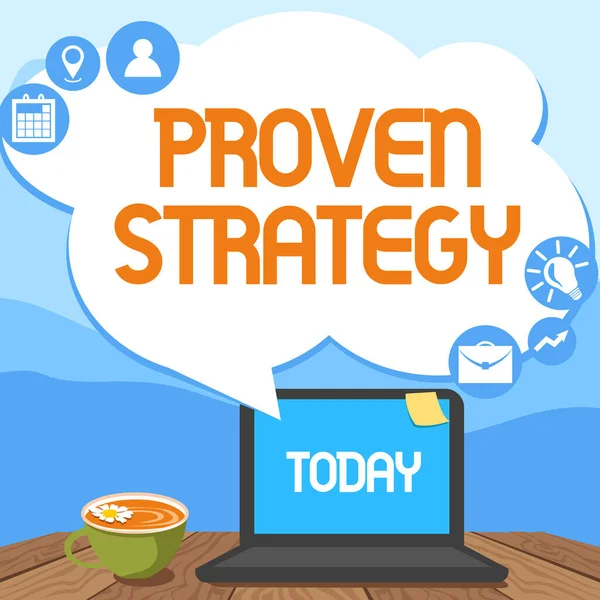 Texto que muestra inspiración Estrategia probada. Enfoque empresarial Enfoque o prácticas confirmadas en la generación de ventas o clientes potenciales Mecanografía manual en la computadora portátil junto a la taza de café y la planta de trabajo desde casa. —  Fotos de Stock