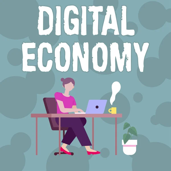 Metin başlığı Dijital Ekonomi sunar. Dünya çapındaki ekonomik faaliyetler ve teknolojilerden oluşan bir iş fuarı. Dizüstü bilgisayarlı Kadın Evden Çalışmaya Başlıyor — Stok fotoğraf