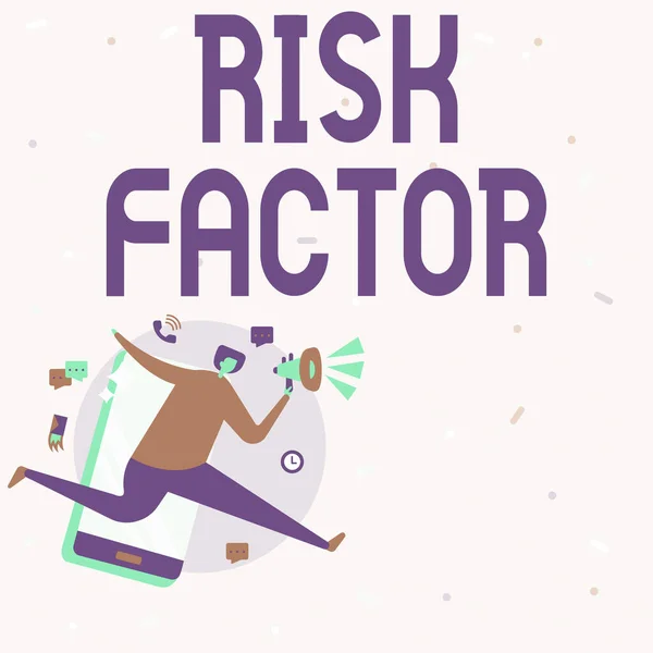 Inspiration showing sign Risk Factor. Business overview Characteristic that may increase the percentage of acquiring a disease Man Drawing Holding Megaphone Running With Phone Making Comments. — Stock Photo, Image