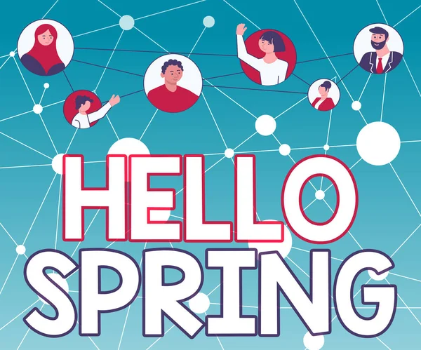 Tekst met inspiratie Hello Spring. Zakelijke aanpak Gastvrije seizoen komt na de winter Blossoming van planten Verschillende mensen in cirkels chatten samen en verbonden sociale media. — Stockfoto