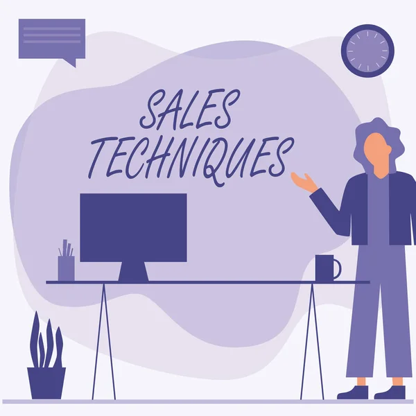 Handschrift Sales Techniques. Conceptuele fotomethoden die sales professionals gebruiken om inkomsten te genereren Vrouw staande kantoor met behulp van laptop met spraakbel Naast de plantenvaas. — Stockfoto