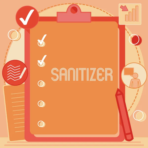 Bildunterschrift: Sanitizer. Wort für Flüssigkeit oder Gel, das im Allgemeinen verwendet wird, um Infektionserreger zu verringern Clipboard Drawing With Checklist Marked done items On list. — Stockfoto