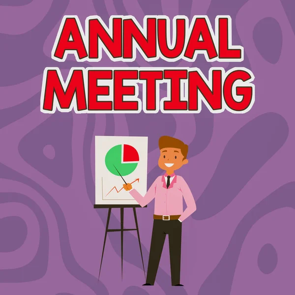 Hand writing sign Annual Meeting. Conceptual photo Yearly gathering of an organization interested shareholders Businessman Wearing Casual Standing Presenting Charts And Ideas.