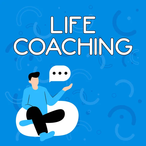 Hand writing sign Life Coaching. Business overview Improve Lives by Challenges Encourages us in our Careers Illustration Of Businessman Sitting On Soft Sofa Chair Talking.