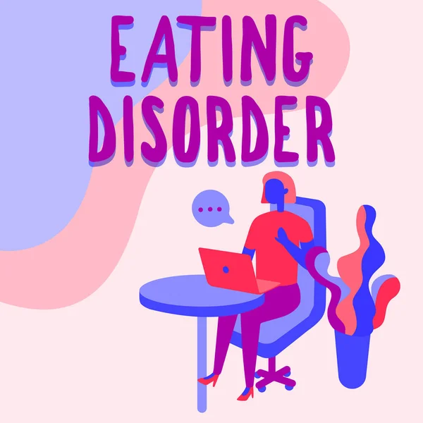 Handwriting text Eating Disorder. Business overview characterized by abnormal or disturbed eating habits Woman Sitting Office Desk Using Laptop With Speech Bubble Beside Plant. — Stock Photo, Image