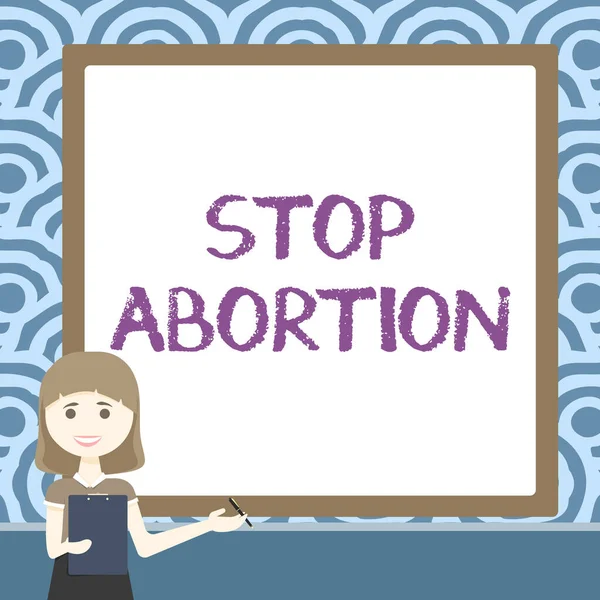 Sinal de texto mostrando Stop Abortion. Palavra para parar o procedimento médico que costumava terminar uma gravidez Lady Drawing Standing Holding Clipboard Apresentando novas ideias para equipe — Fotografia de Stock