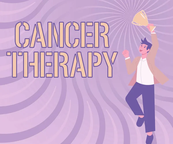 概念表示がん治療.事業内容手術を受けた患者におけるがんの治療化学療法紳士ジャンプ大活躍のトロフィーを掲載. — ストック写真