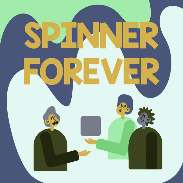 Sign displaying Spinner Forever. Concept meaning stress reliever for showing who tend to fidget Flat top Colleagues Displaying Cube Representing Teamwork Discussing Future Project. — Stock Photo, Image