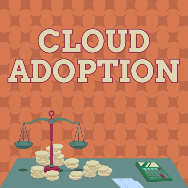 Текст, показывающий вдохновение Cloud Adoption. Бизнес-презентация стратегического шага организаций по сокращению затрат и рисков Шкала баланса, окруженная калькулятором монет Подсчет финансовой ипотеки. — стоковое фото