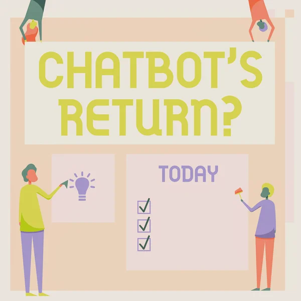 Escrever exibindo texto Chatbot s é Return Question. Conceito que significa programa que se comunica usar interface de texto e AI Quatro Colegas Desenho Permanente Segurando Folha em branco de tamanhos diferentes. — Fotografia de Stock