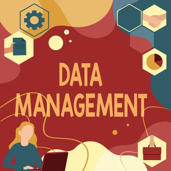Handschrift Data Management. Zakelijke aanpak De praktijk van het organiseren en in stand houden van gegevensprocessen Vrouw Innovatief Denken Leidende Ideeën Naar een Stabiele Toekomst. — Stockfoto