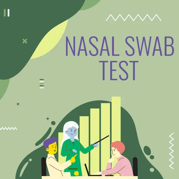 Nasal tampon teszt megjelenítése. Üzleti ötlet egy felső légúti fertőzés diagnosztizálása orrváladékon keresztül Lady Drawing elmagyarázza a csapattársának a folyamat lépéseit. — Stock Fotó