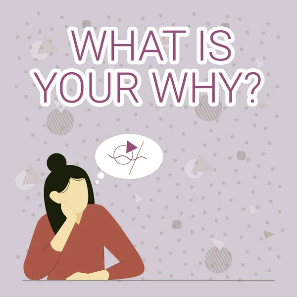 Textdarstellung What Is Your Why Question schreiben. Business Schaufenster What Is Your Why Question Illustration of Lady Thinking Tief allein für neue erstaunliche taktische Ideen. — Stockfoto