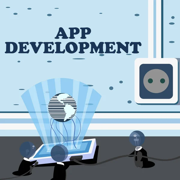 Pisanie wyświetlania tekstu App Development. Word Written on Development services for awesome mobile and web experiences Global Ideas Łącząc w sobie tworzenie nowych osiągnięć technologicznych. — Zdjęcie stockowe