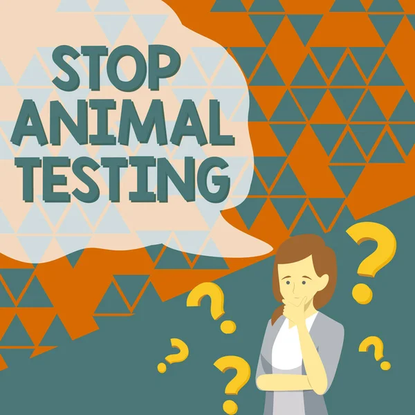 Konzeptionelle Darstellung Stop Animal Testing. Wort für wissenschaftliches Experiment, bei dem lebende Tiere gezwungen werden, neue Lösungen zu finden, die mit Fragezeichen umgeben sind. — Stockfoto