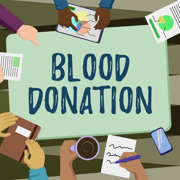 Hand writing sign Blood Donation. Business overview Process of collecting testing and storing whole blood Colleagues Office Meeting Having Coffee Discussing Future Projects Charts. — Stock Photo, Image