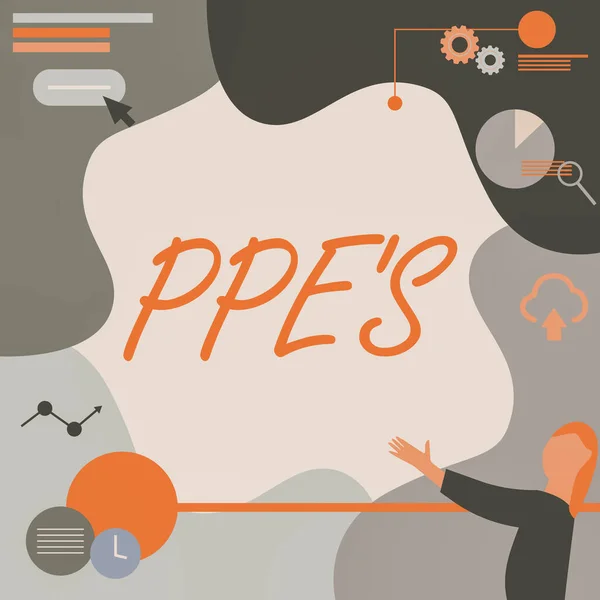 Εγγραφή εμφάνισης κειμένου Ppe s είναι. Επιχειρηματική επισκόπηση Εξειδικευμένος εξοπλισμός προστασίας από κινδύνους για την υγεία και την ασφάλεια Lady Drawing Standing Holding Projector Remote Control Presenting Pie Charts — Φωτογραφία Αρχείου