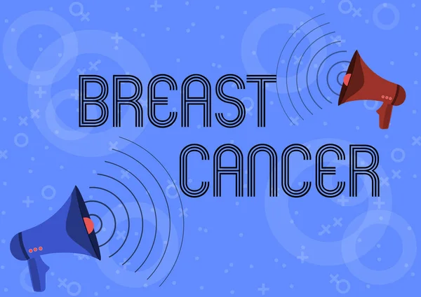 Göğüs kanseri metni yazılıyor. Meme megafonlarının hücrelerinden kaynaklanan kötü huylu tümör kelimesi ses dalgaları üreterek duyuru yapıyor.. — Stok fotoğraf