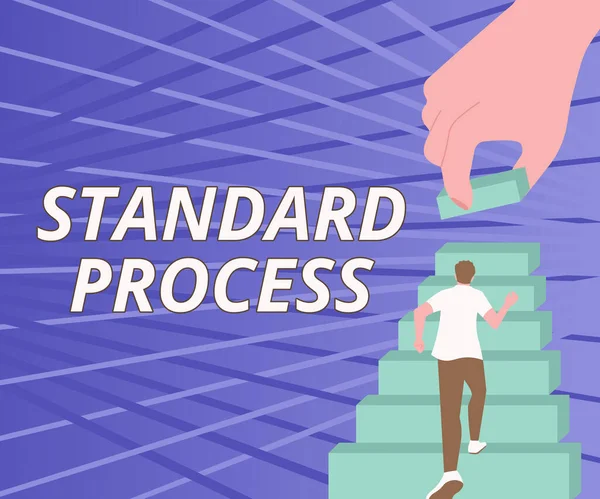 Fogalmi felirat Standard Process. A végtermékminőséggel párosítandó üzleti koncepciós szabályok Úriember mászás lépcsőház Próbálja elérni a haladást meghatározó célokat. — Stock Fotó