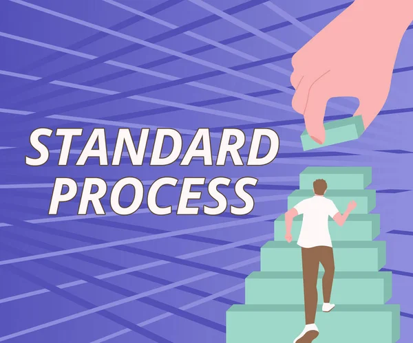 Didascalia concettuale Processo standard. Regole di business concepite per essere abbinate alla qualità del prodotto finale Gentleman Climbing Up Stair Case Cercando di raggiungere gli Obiettivi Definizione di Progressi. — Foto Stock